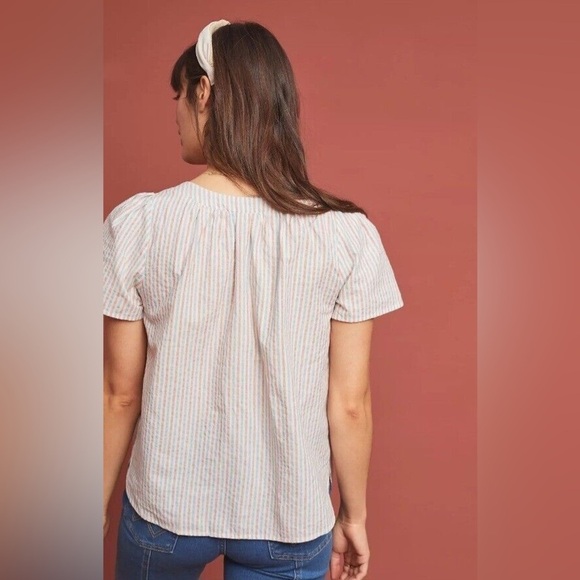 Anthropologie Isabella Sinclair Striped Smocked Neck Short Sleeve White Red S - Picture 2 of 11